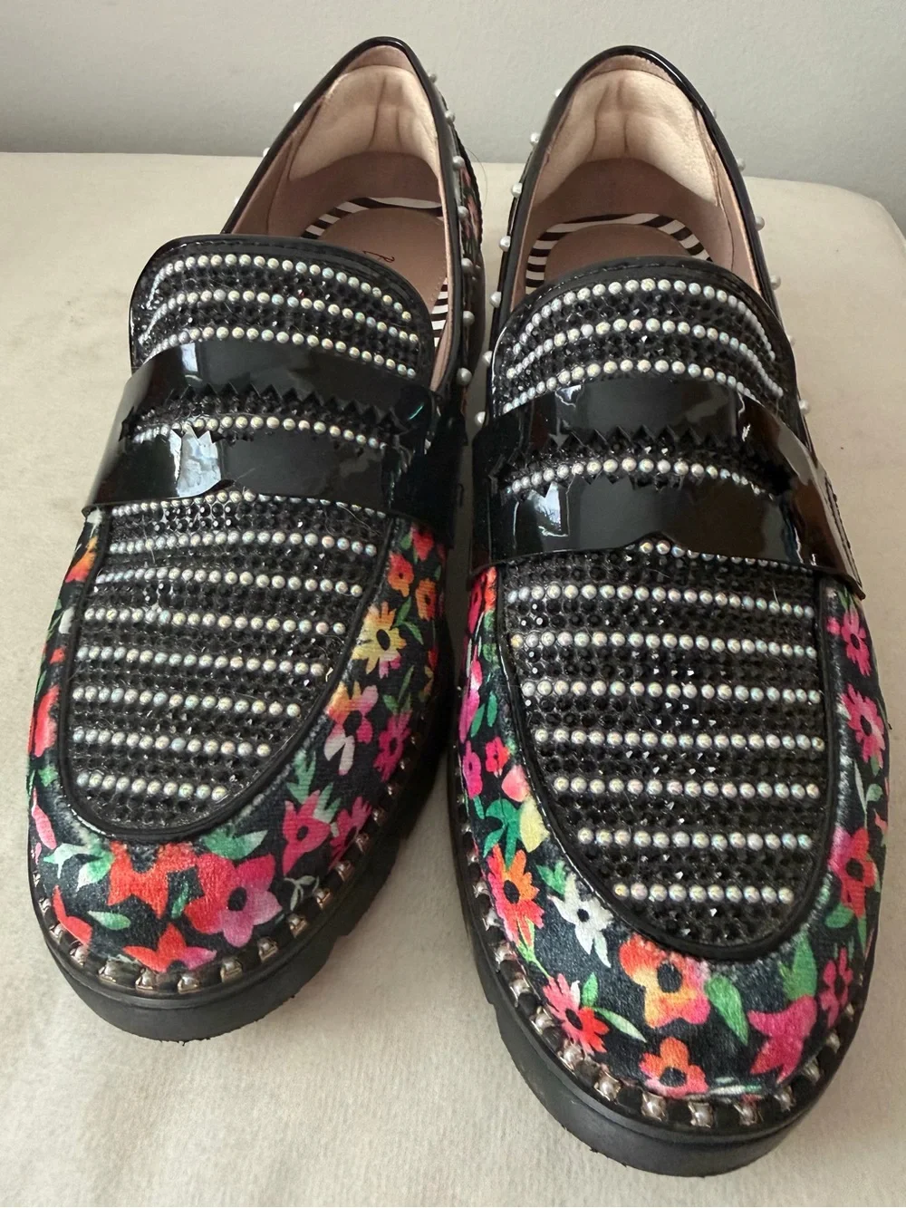 Betsey Johnson Black Floral Studded Loafers